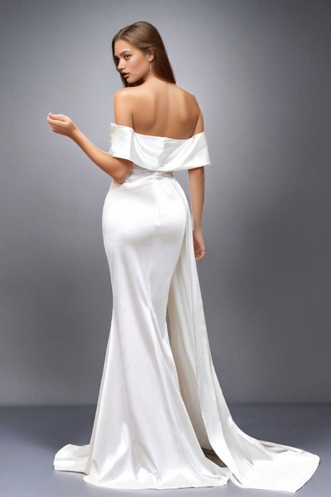 Satin Off Shoulder Ruched High Split Maxi Formal Gown