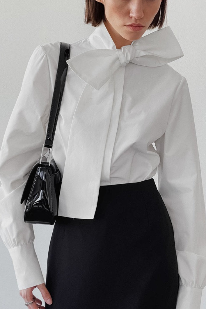 Bow Tie Neck Long Sleeve Pleated Cuff Poplin Blouse 3