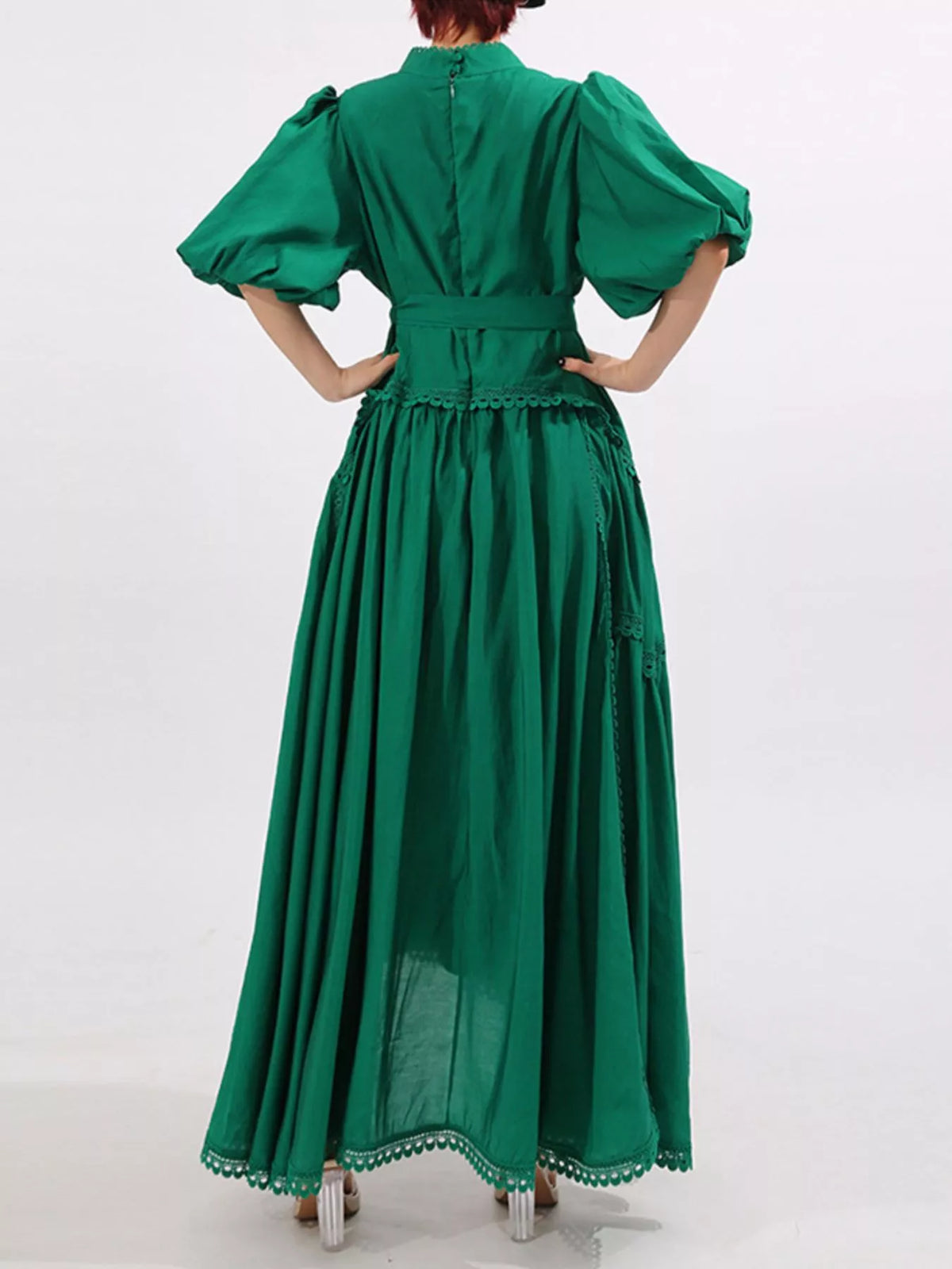 Crochet Lace Trim Notched Neck Puff Sleeve Tie Waist Tiered Maxi Dress 9