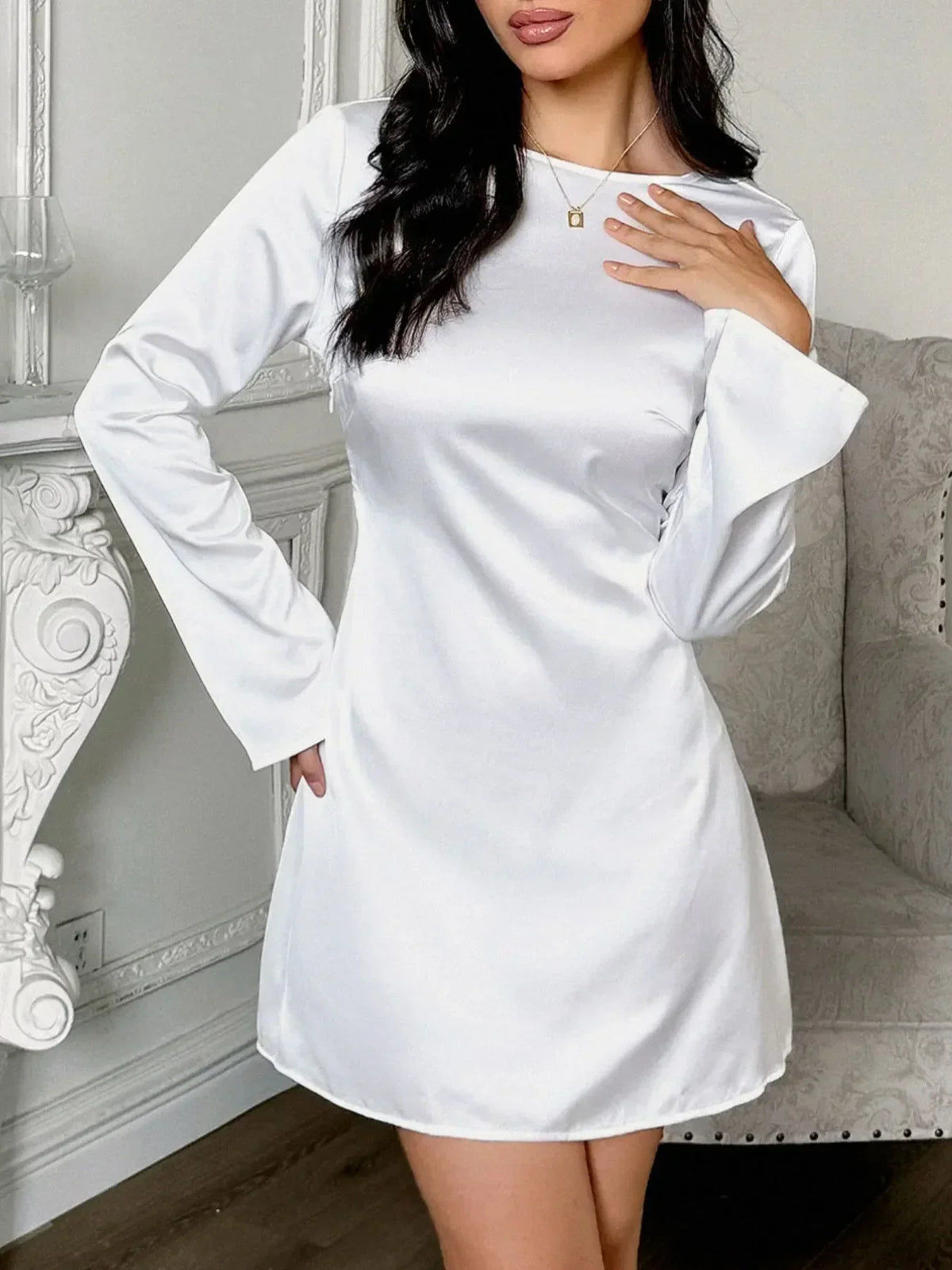 Satin Round Neck Long Sleeve A-Line Mini Dress 3