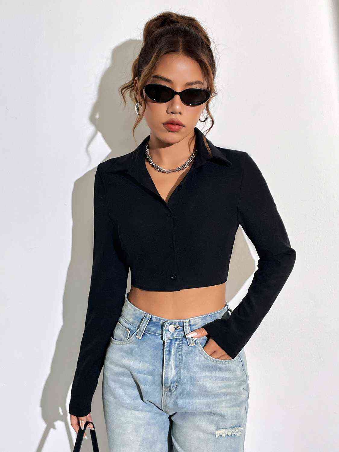 Collared Long Sleeve Button Front Ribbed Knit Crop Shirt 5