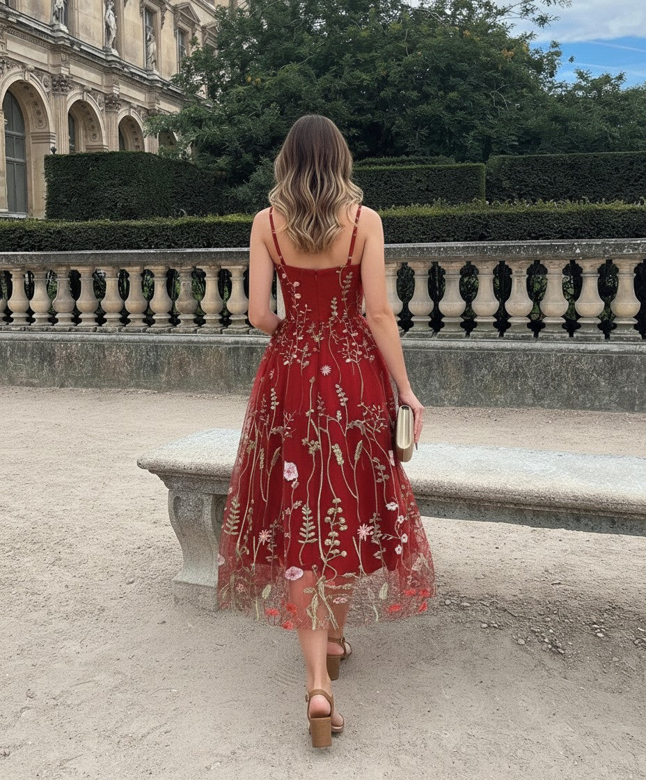 Floral Embroidered Tulle Sweetheart Spaghetti Strap Fit and Flare Midi Dress