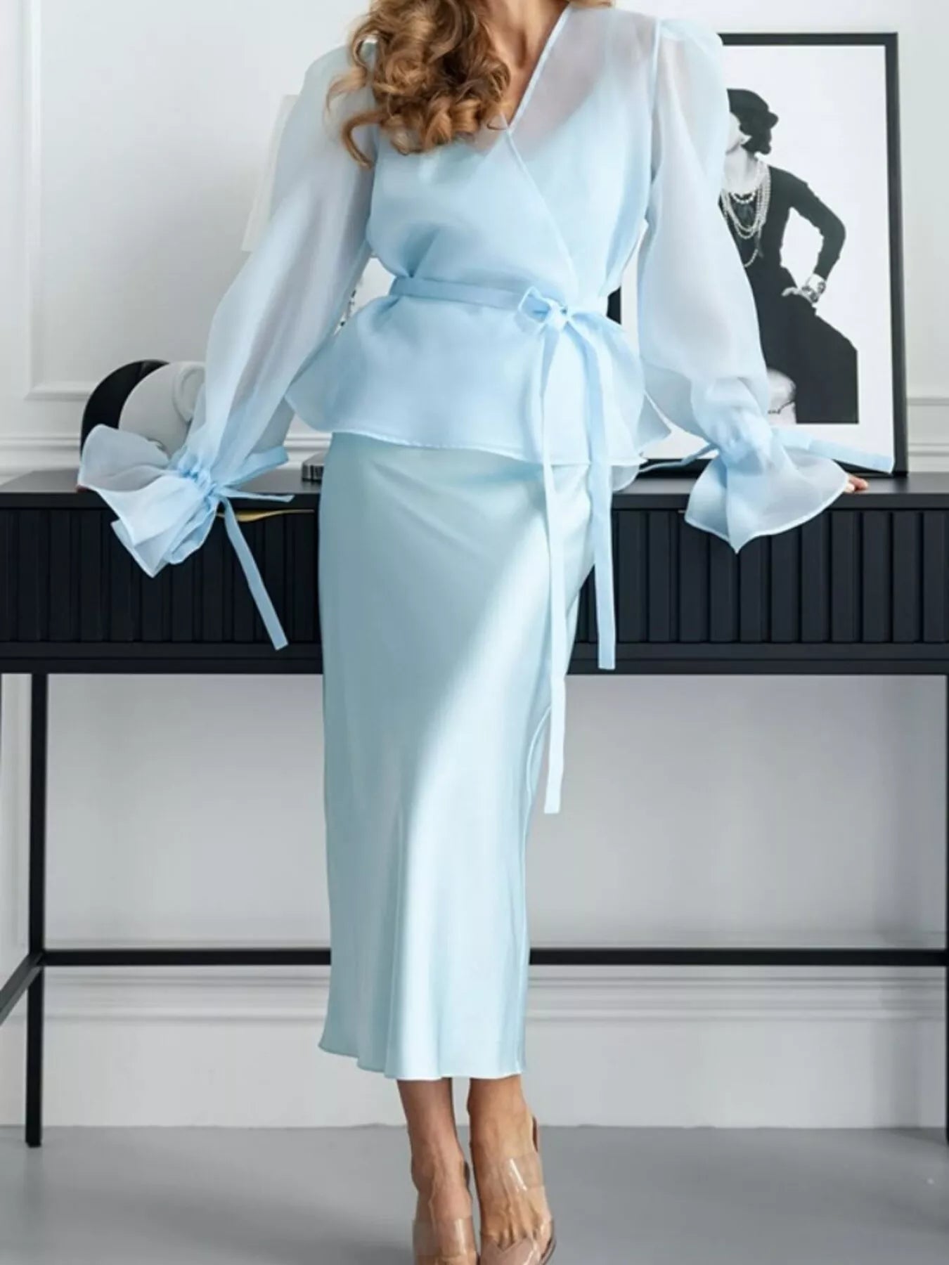 Flounce Sleeve Blouse and Satin Midi Skirt Two-Piece Set