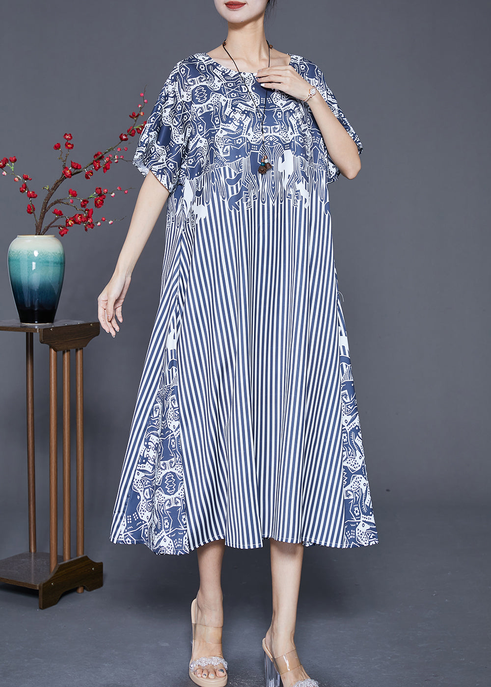 Mixed Print Folk Motif Vertical Stripe Patchwork Short Sleeve Round Neck Swing Midi Dress