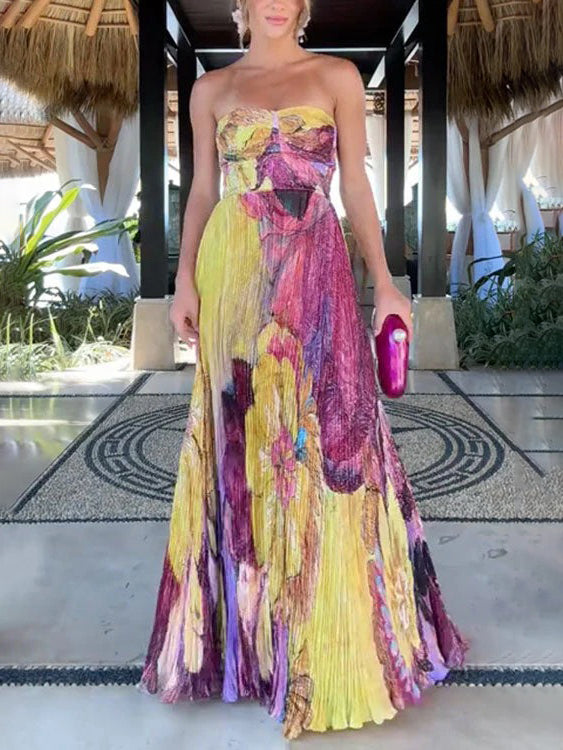 Timeless Art Hand Painted Floral Print Pleated Maxi Dress