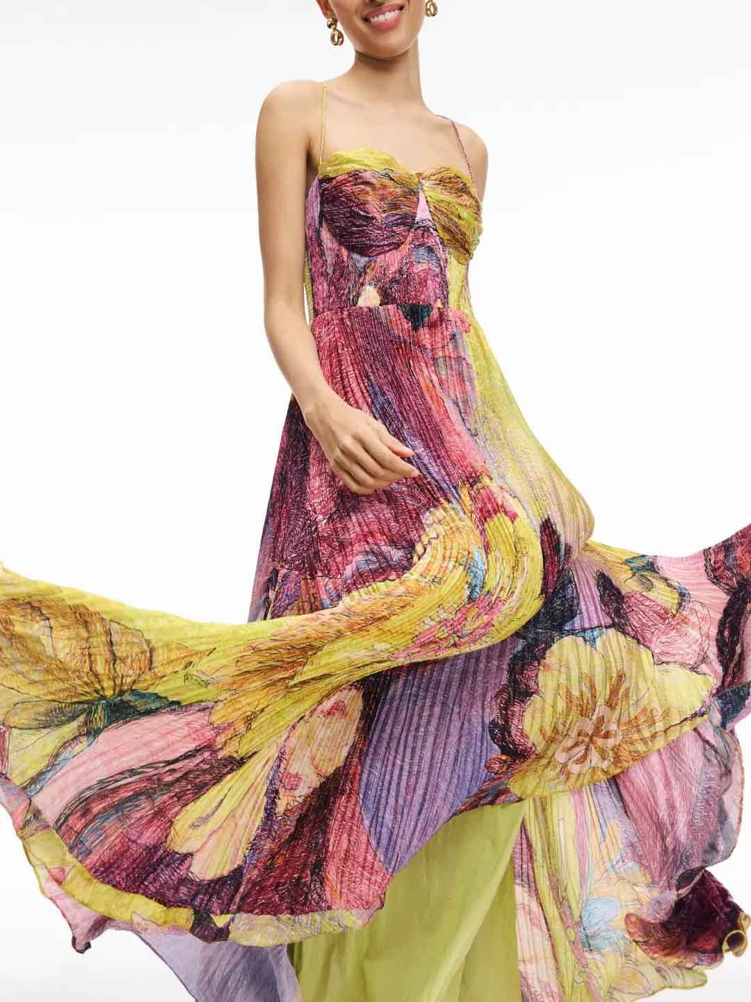 Timeless Art Hand Painted Floral Print Pleated Maxi Dress