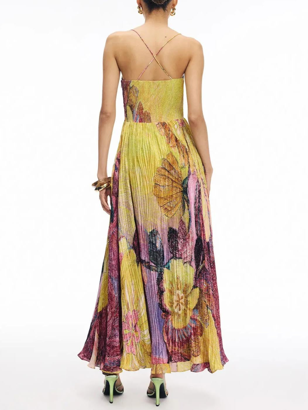 Timeless Art Hand Painted Floral Print Pleated Maxi Dress