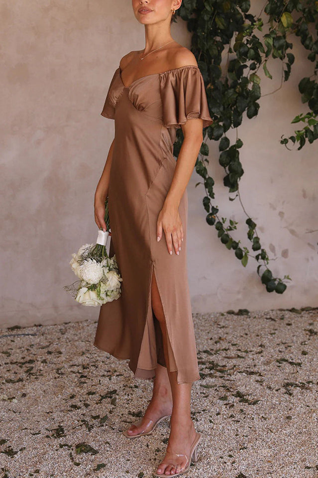 Satin Off Shoulder Puff Sleeve High Split Midi Dress 15