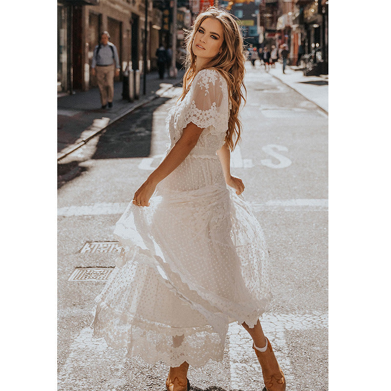 Swiss Dot Lace Trim Short Sleeve Elastic Waist Tiered Scalloped Hem Maxi Dress