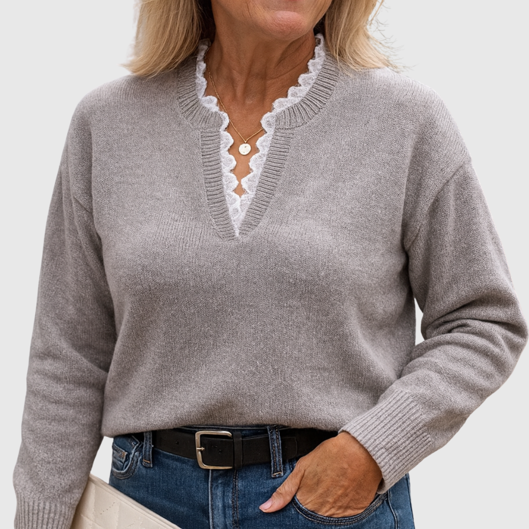 V-Neck Lace Trim Long Sleeve Sweater