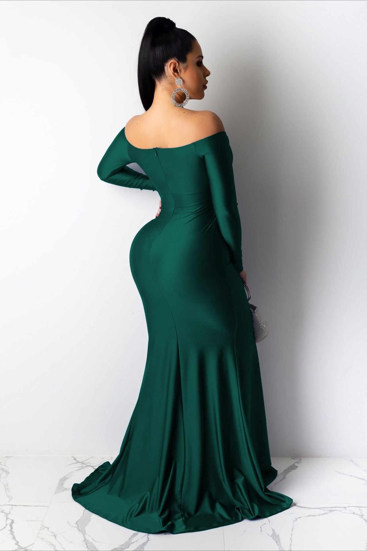 Satin Off Shoulder Long Sleeve High Split Mermaid Maxi Gown