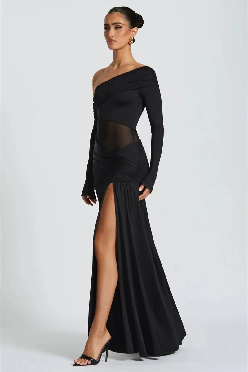 Off Shoulder Long Sleeve Backless Thigh Split Maxi Dress