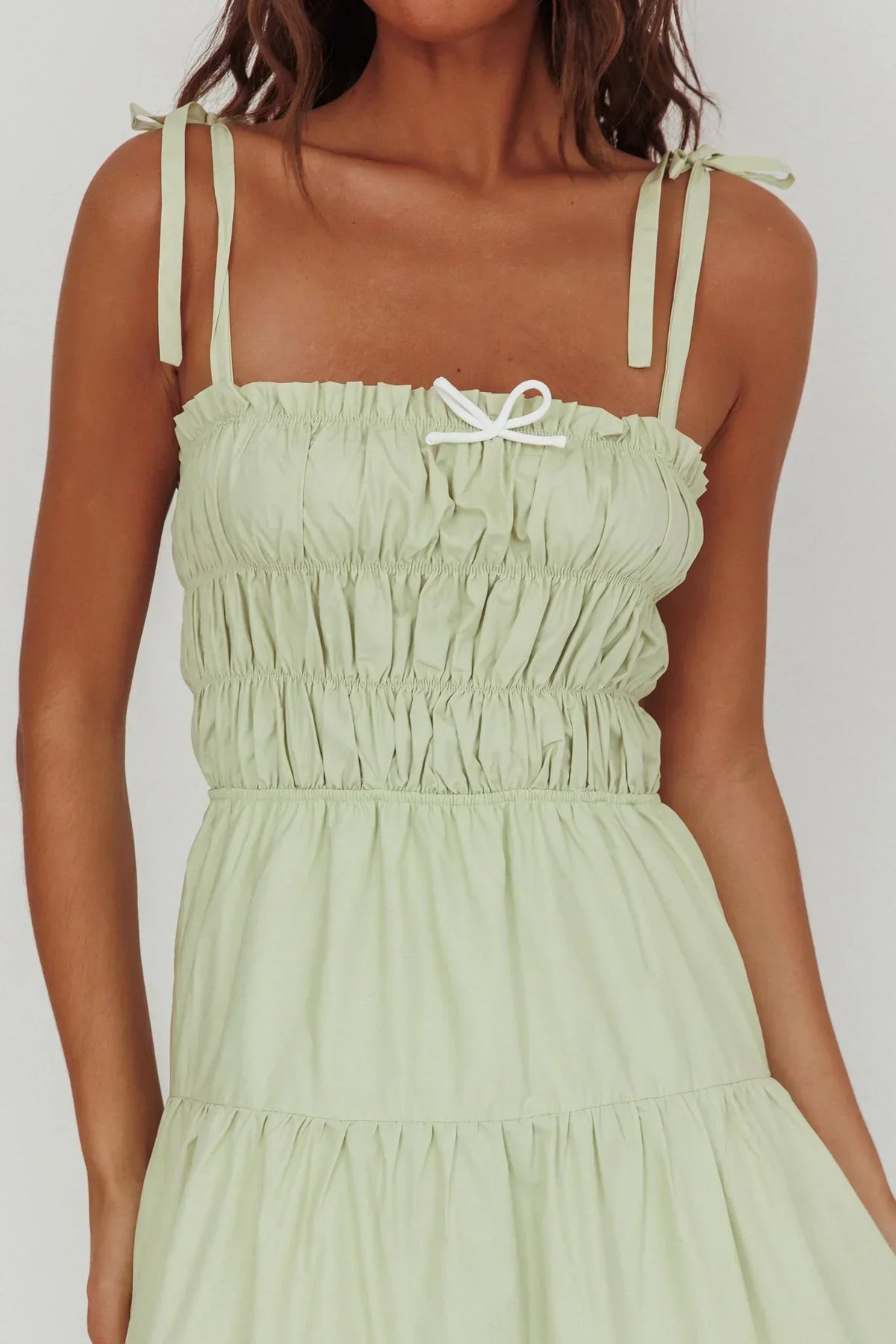 Tie Shoulder Smocked Bodice Bow Front Tiered Maxi Dress 3