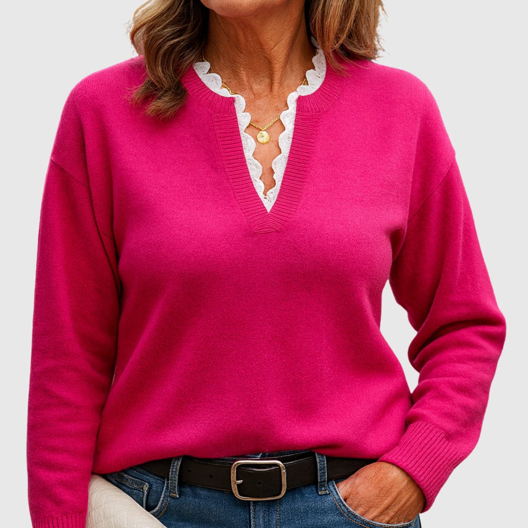 V-Neck Lace Trim Long Sleeve Sweater