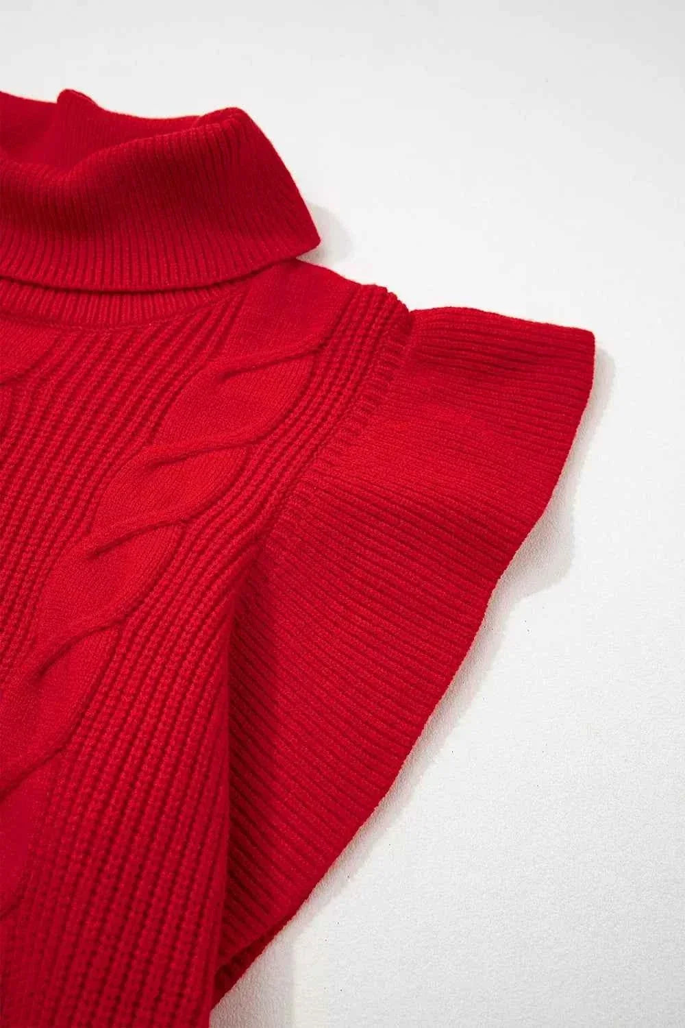 Turtleneck Ruffle Cap Sleeve Cable Knit Sweater 9
