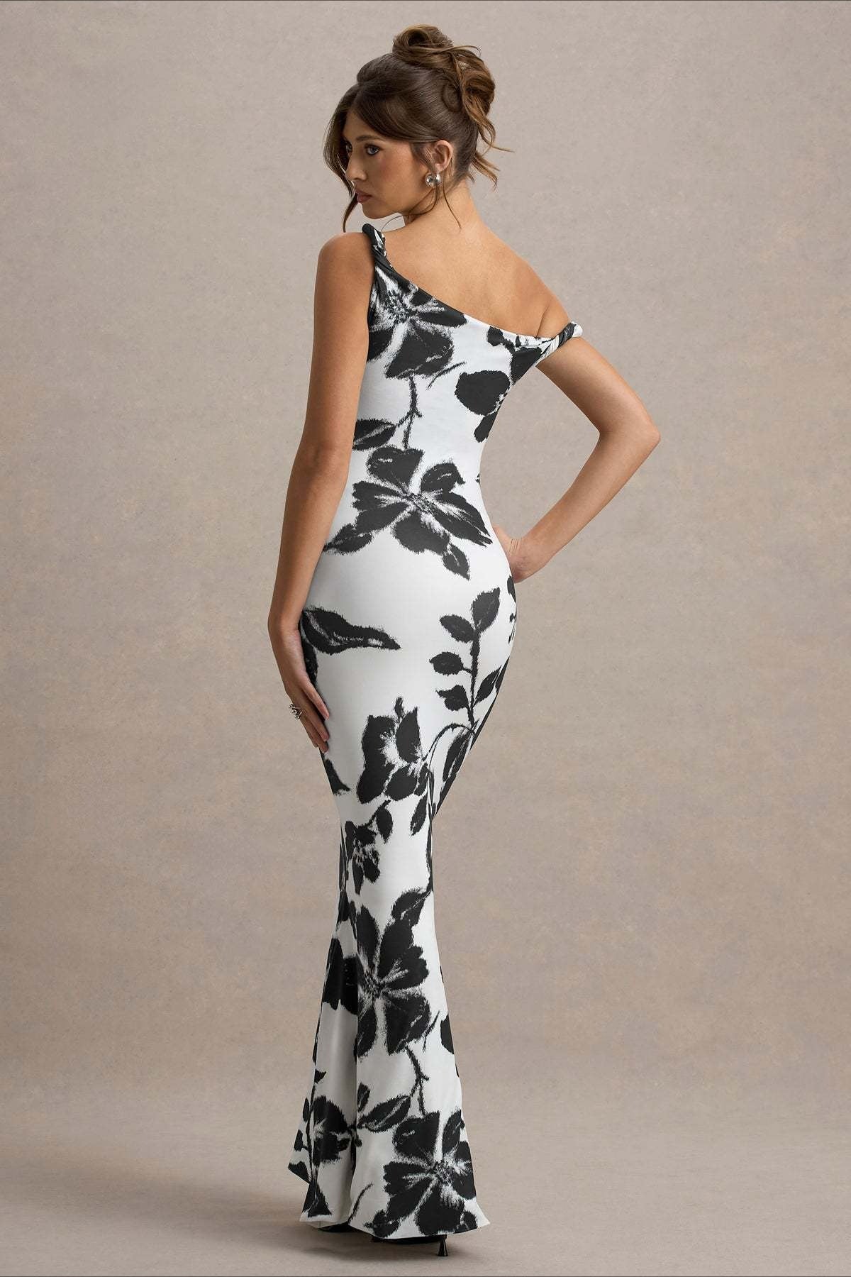 Floral Print One Shoulder Fishtail Bodycon Maxi Dress