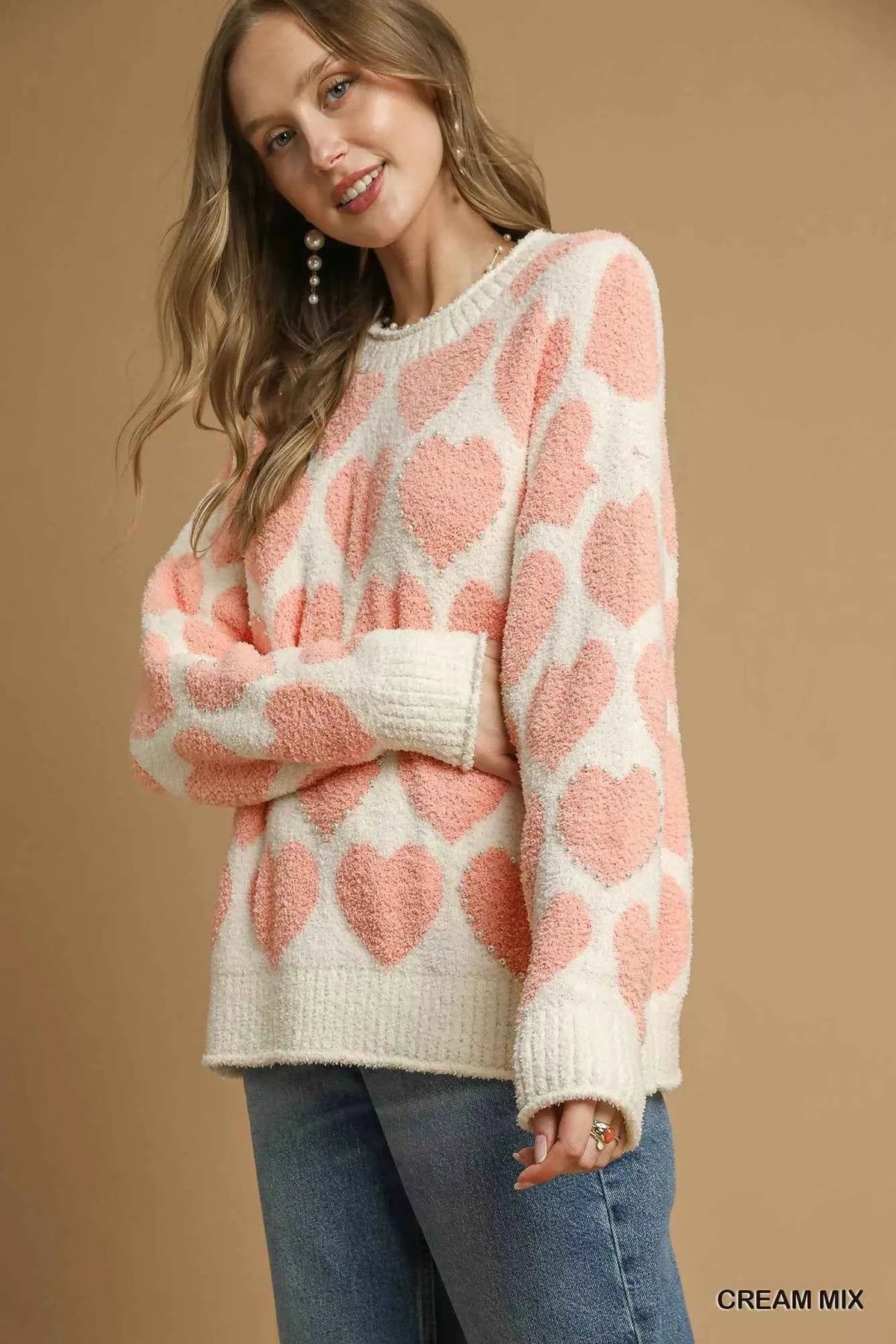 Heart Pattern Crew Neck Long Sleeve Fuzzy Knit Sweater 3