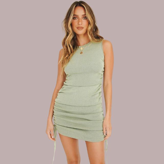 Sleeveless Crew Neck Ribbed Knit Drawstring Ruched Bodycon Mini Dress