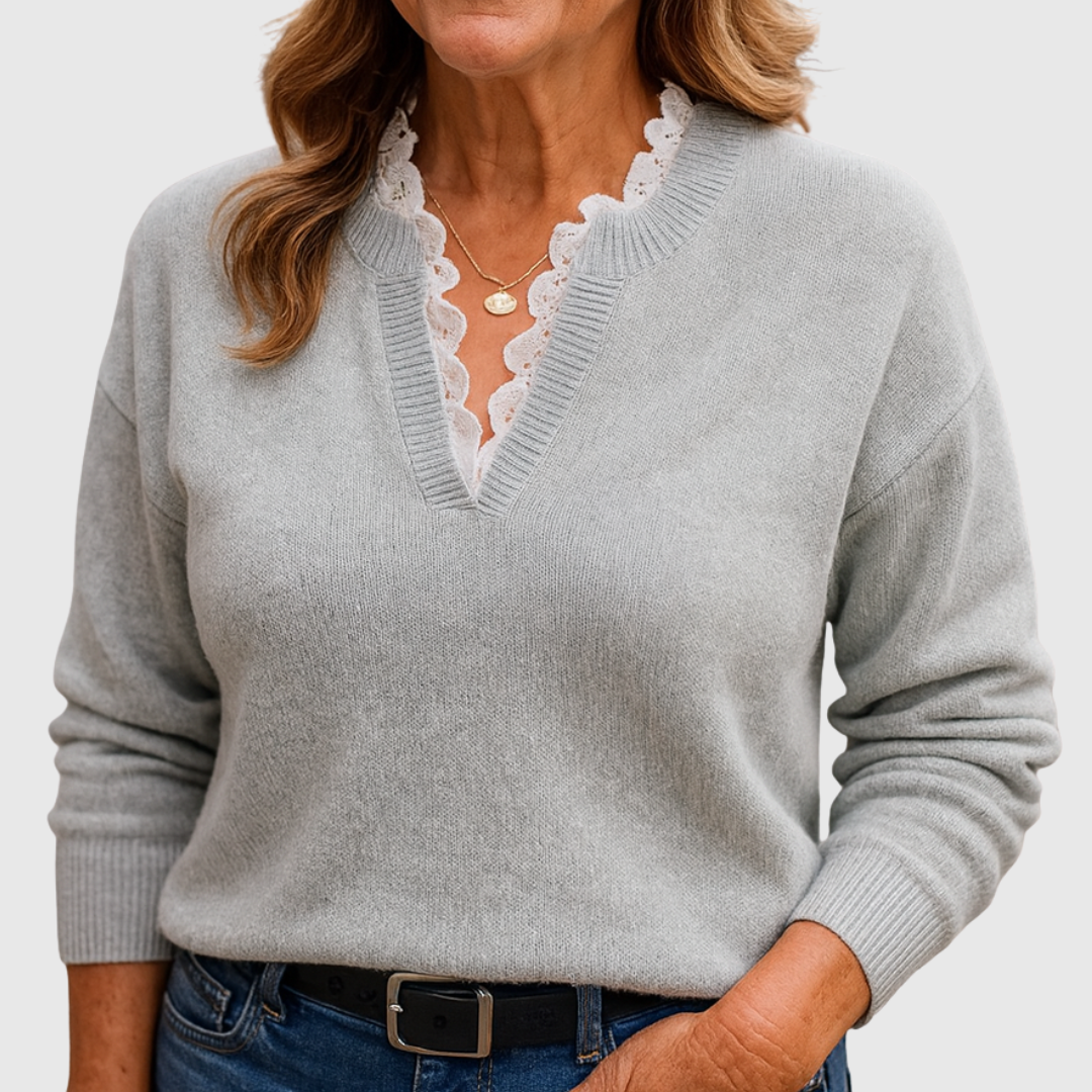 V-Neck Lace Trim Long Sleeve Sweater