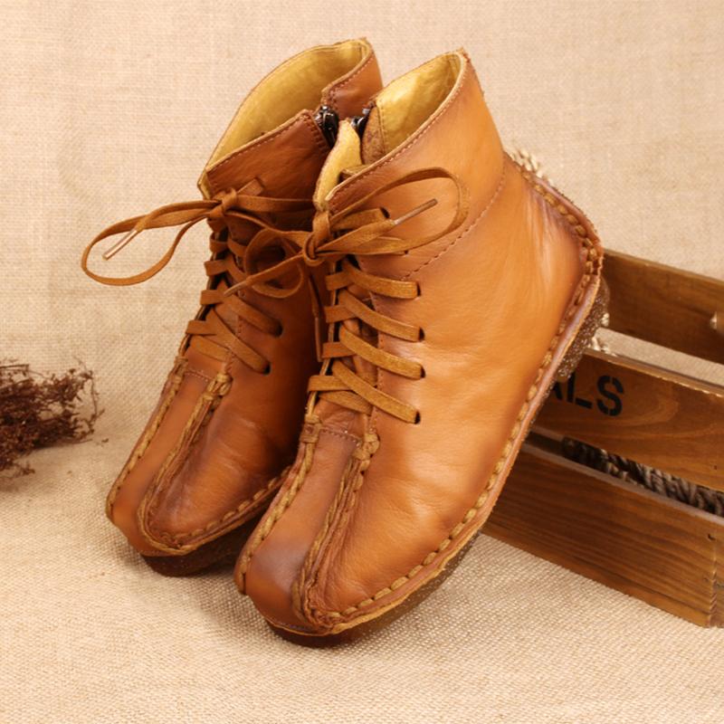 National Style Leather Short Boots For Women Lace Up Green/Black/Brown