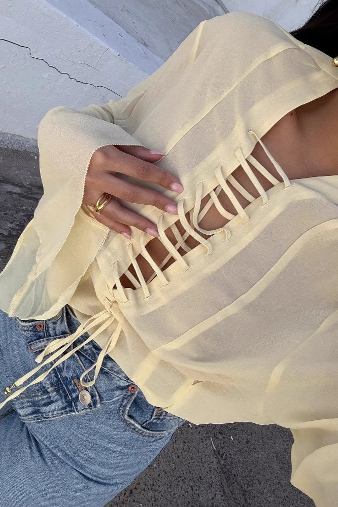 Sheer Lace Up Front Collared Bell Sleeve Blouse 3
