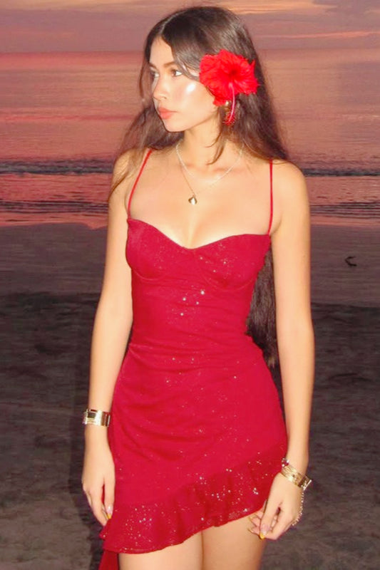 Glitter Spaghetti Strap Ruffle Hem Bodycon Mini Dress