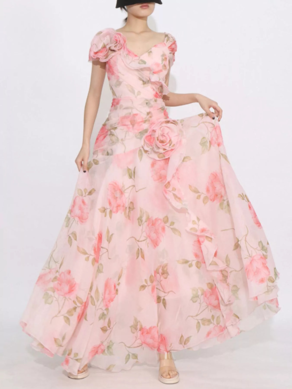 Floral Chiffon Rosette Ruffle Cap Sleeve Maxi Dress 3