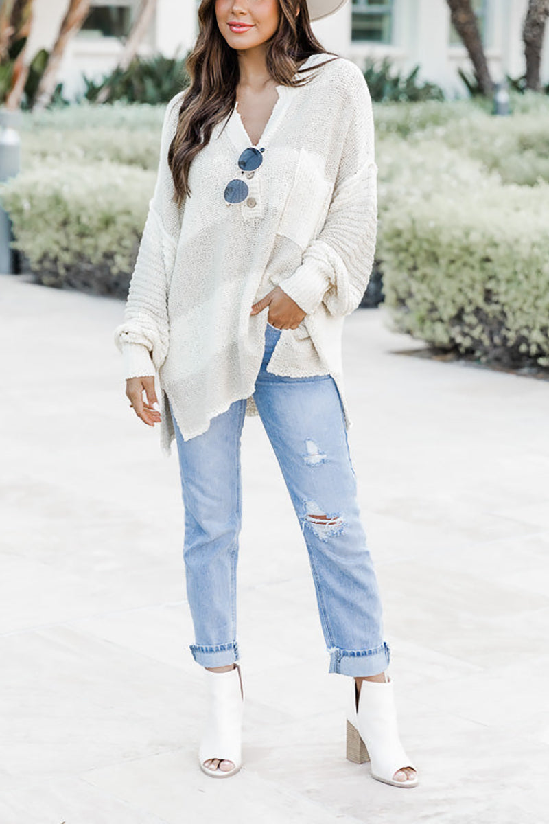 Oversized Striped Henley Sweater