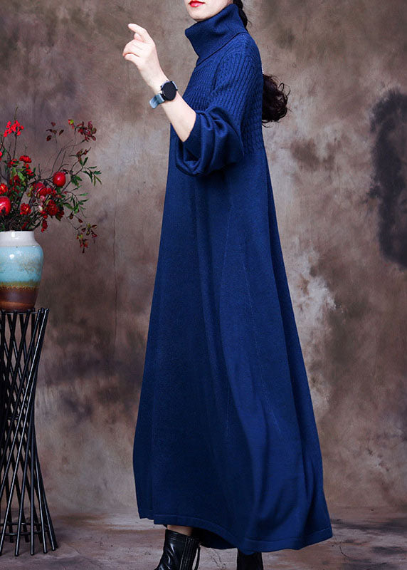 Knit Turtleneck Long Sleeve Ribbed Panel Oversized A-Line Maxi Dress
