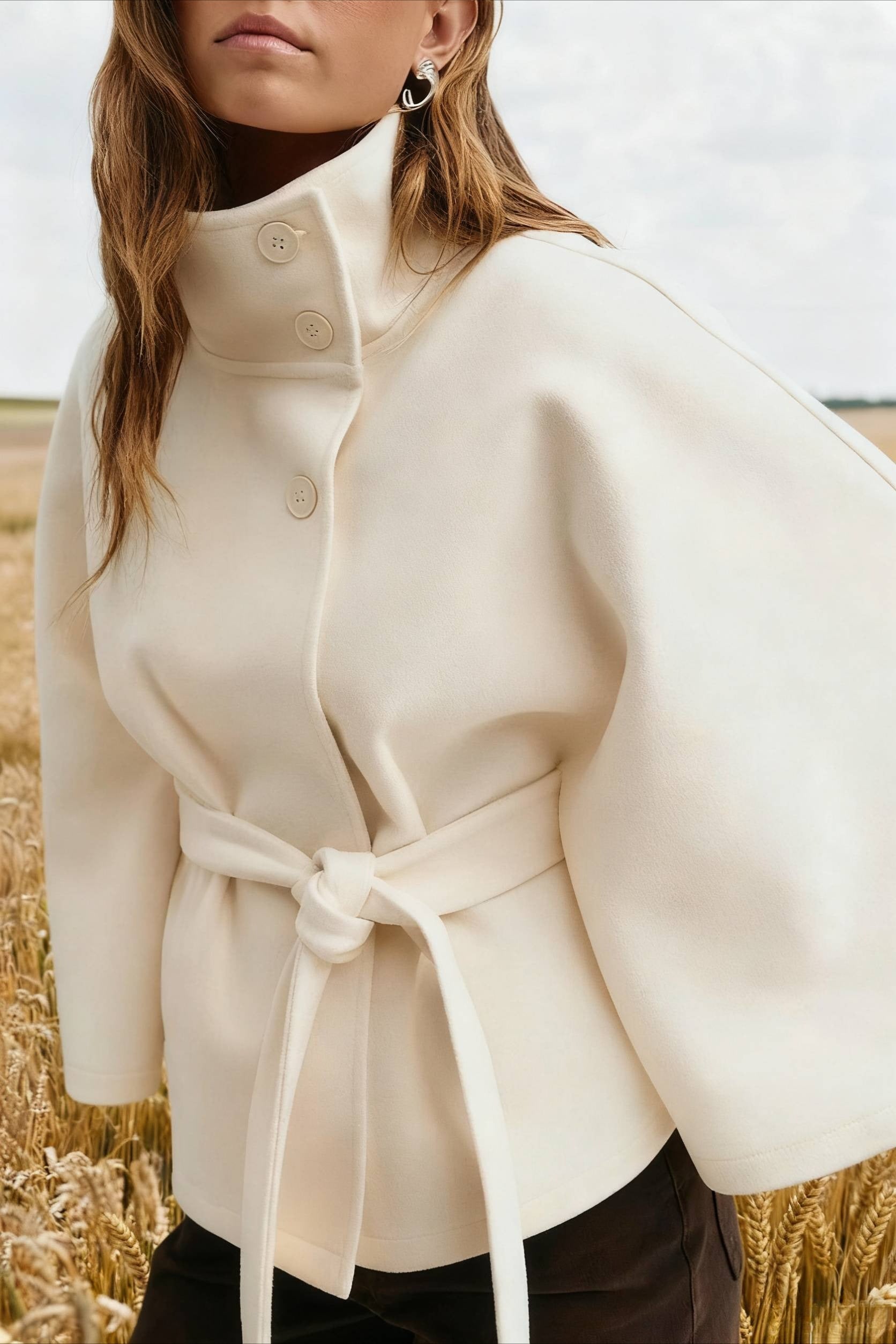 Button Up Stand Collar Cape Coat