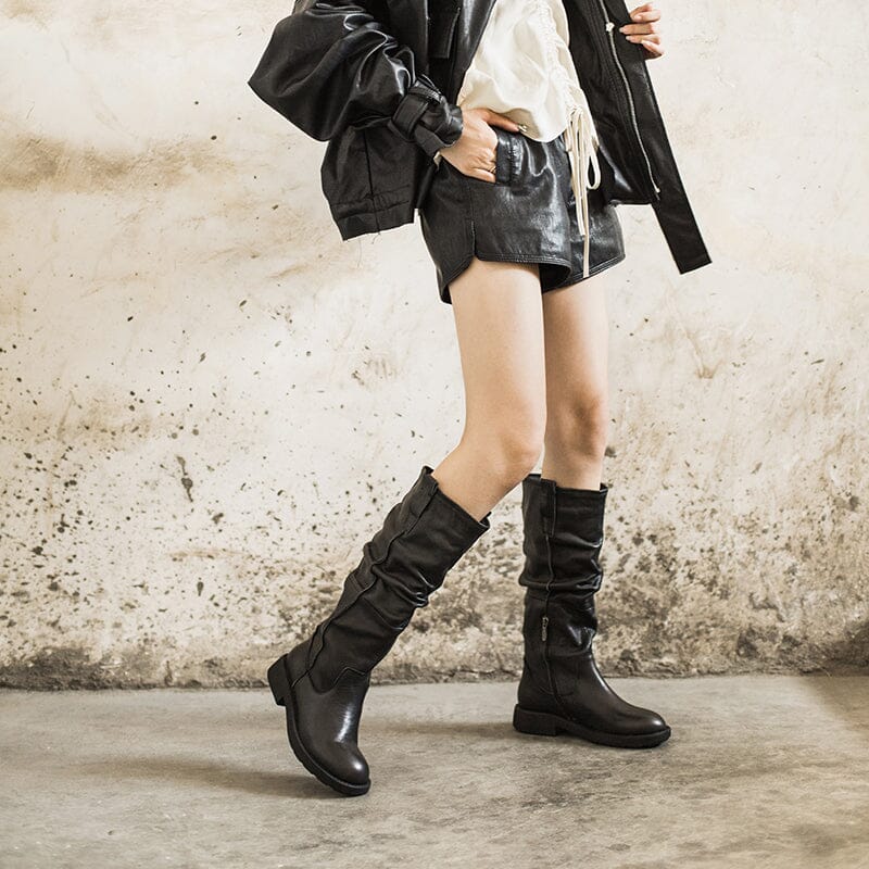 Waxing��Leather Knee High Boots Fold Design Riding Boots Buckle Boots in Black/Brown