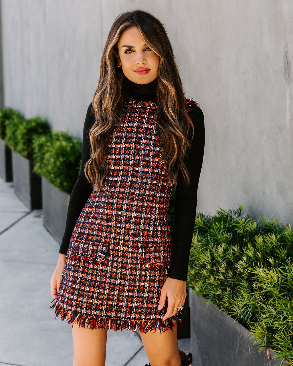 Tweed Plaid Sleeveless Frayed Hem Patch Pocket Shift Mini Dress