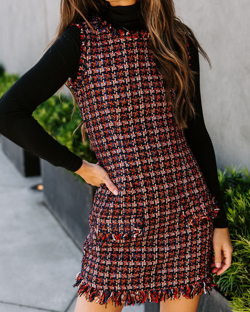 Tweed Plaid Sleeveless Frayed Hem Patch Pocket Shift Mini Dress