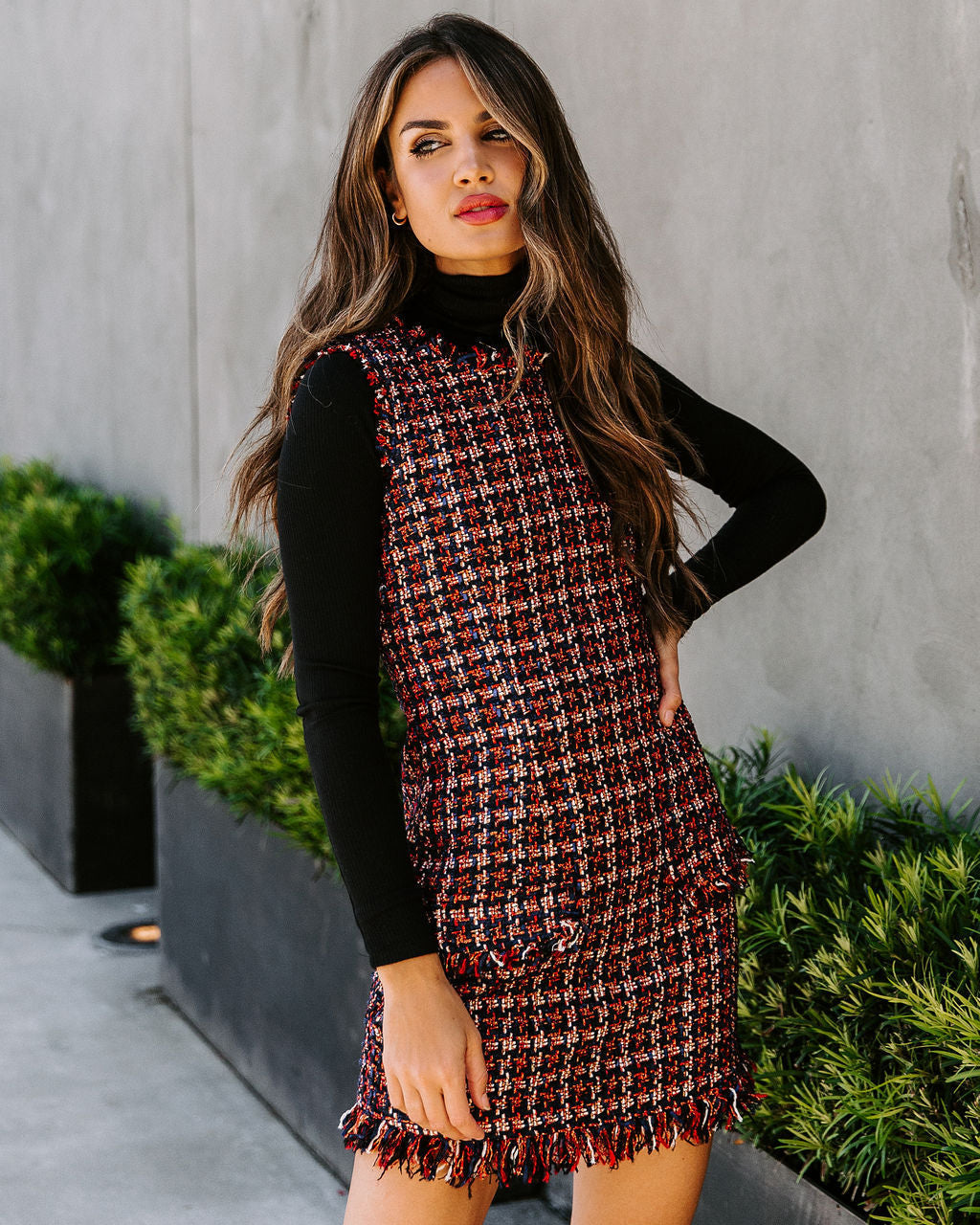 Tweed Plaid Sleeveless Frayed Hem Patch Pocket Shift Mini Dress