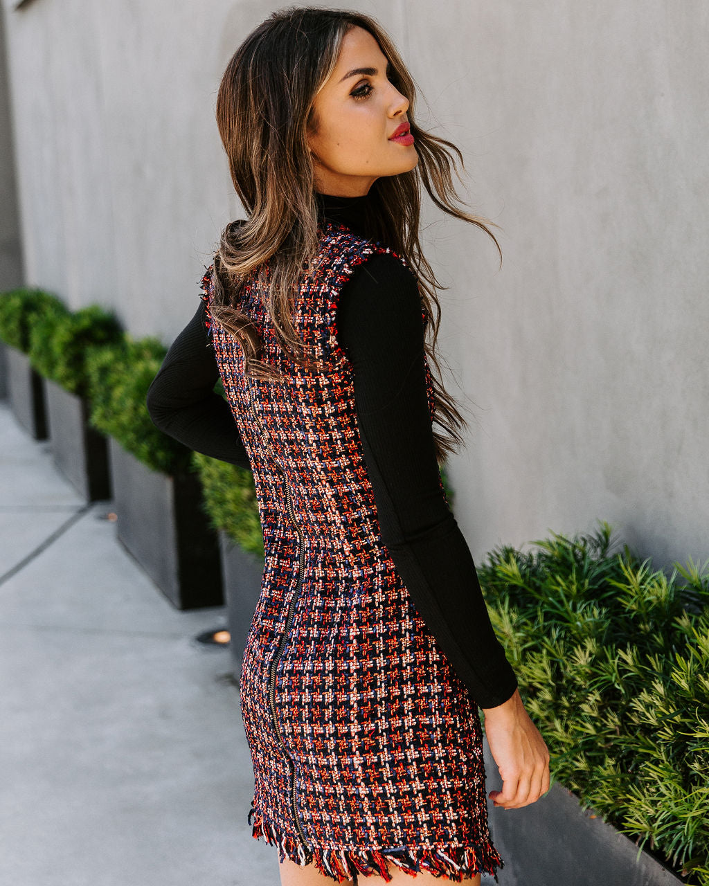 Tweed Plaid Sleeveless Frayed Hem Patch Pocket Shift Mini Dress