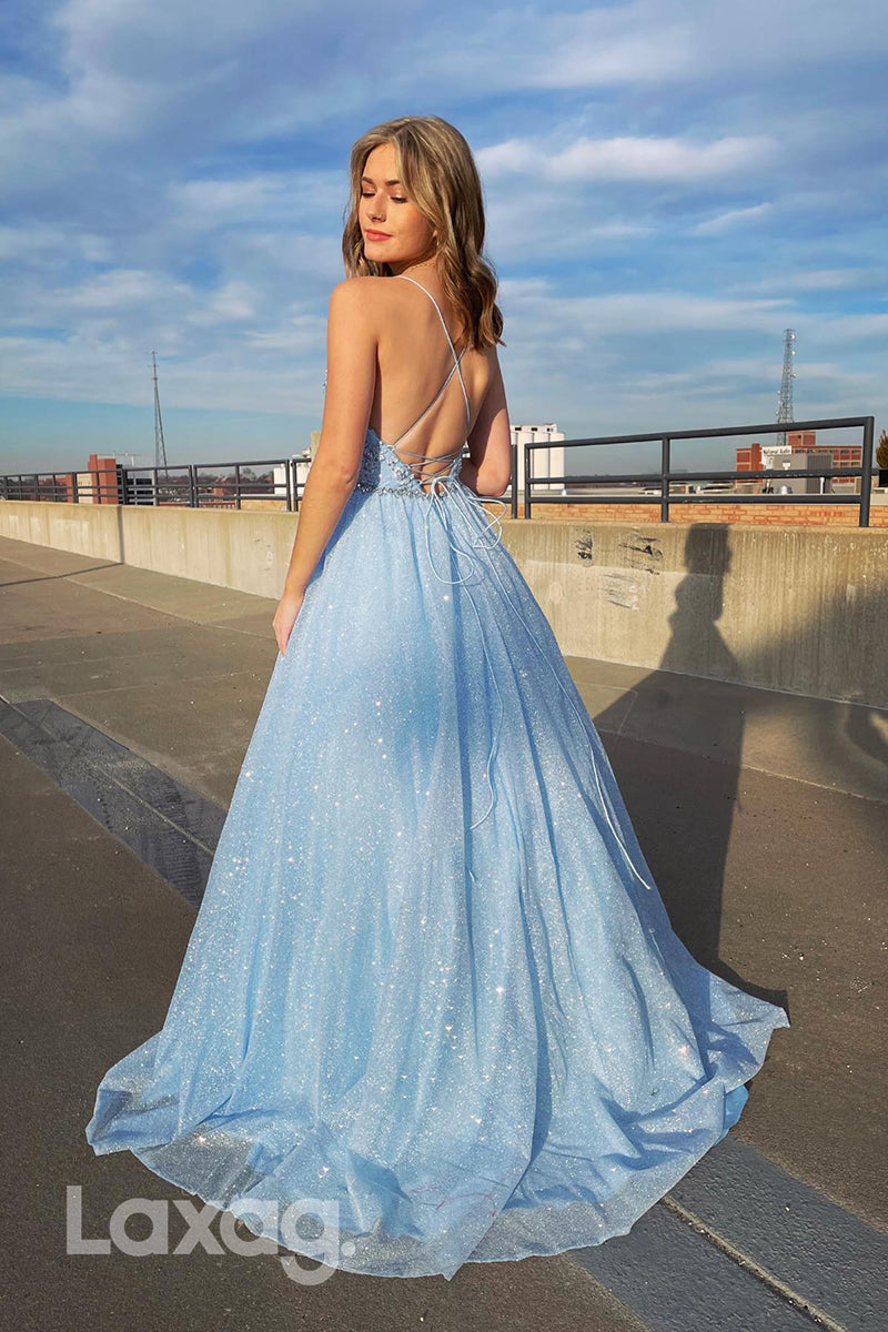 18703 - V-Neck A-Line Beaded Lace-Up Tulle Prom Dress
