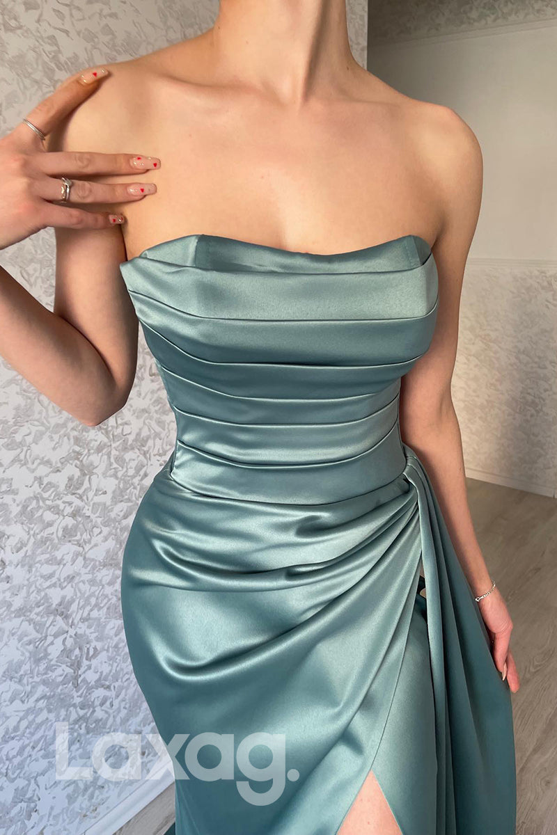 18705 - Strapless Sleeveless Pleats Prom Evening Dress with Slit