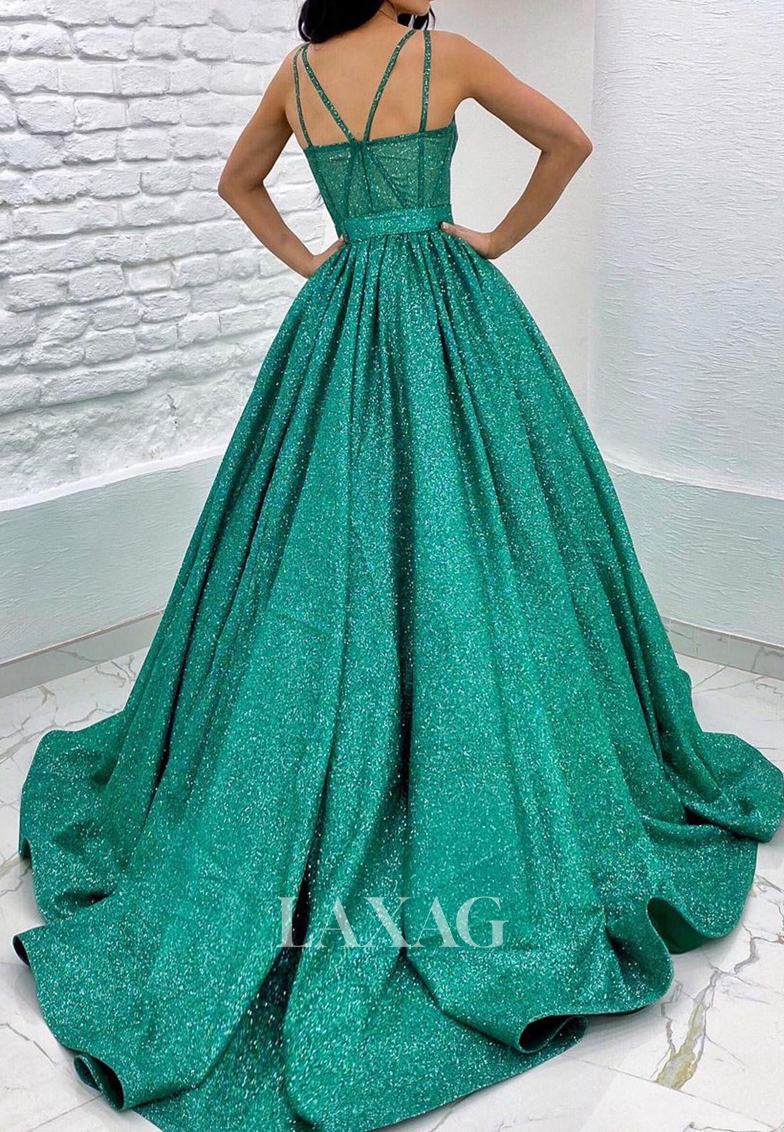 Sweetheart Spaghetti Straps Sleeveless A-Line Prom Dress Glitter-Tulle Pleated Party Gowns