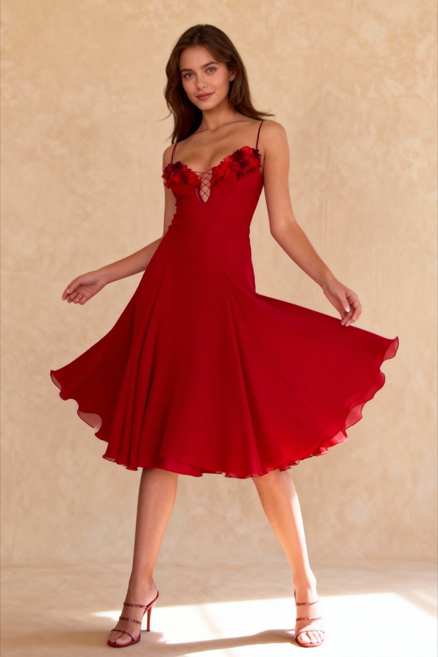 Chiffon Spaghetti Strap Deep V-Neck Rosette Fit and Flare Midi Dress