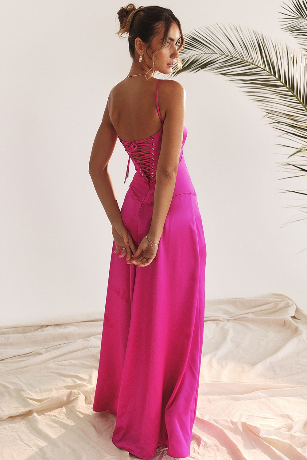 Satin Square Neck Corset Seam Spaghetti Strap Flowy Maxi Dress 11