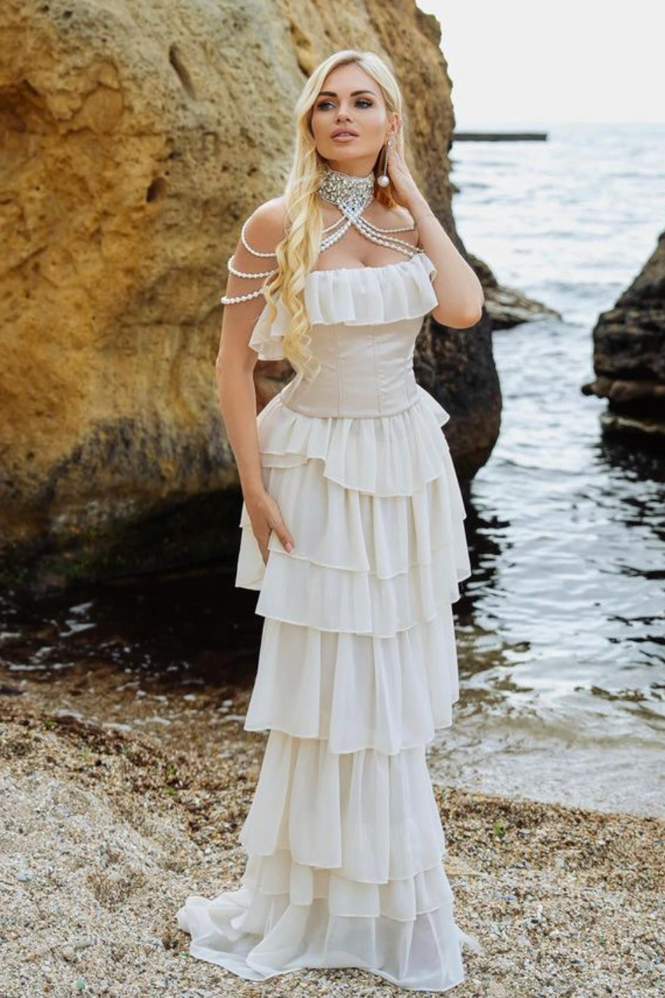 Chiffon Strapless Ruffle Corset Tiered Maxi Prom Dress