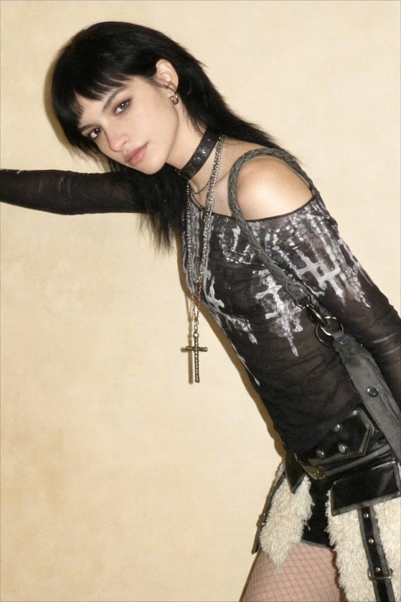 Grunge Cross Wide Neck Mesh Top