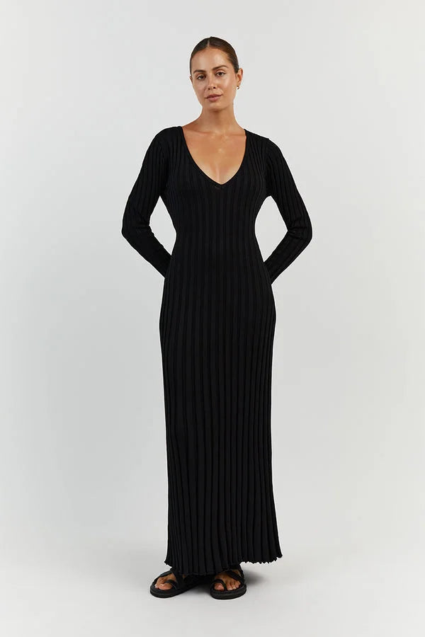 Timeless Sasha Knitted Midi Dress with V Neck and Sleeves Evening Wear Edit