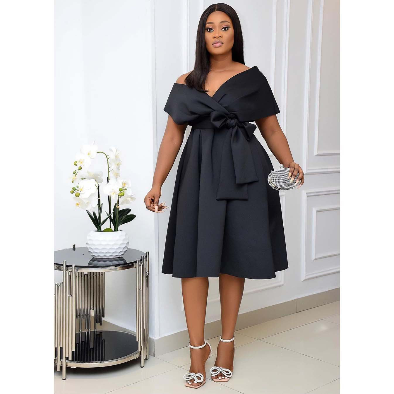 Cap Sleeve Bow Waist Box Pleat Fit and Flare Midi Dress