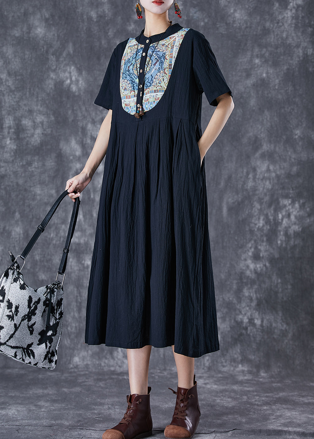 Stand Collar Short Sleeve Crinkle Woven Bib Panel Pleated Pocket Midi Dress