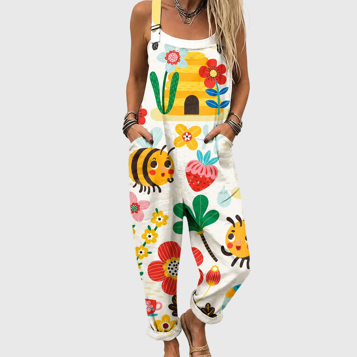 Bee Beehive Floral Print Sleeveless Overall Jumpsuit