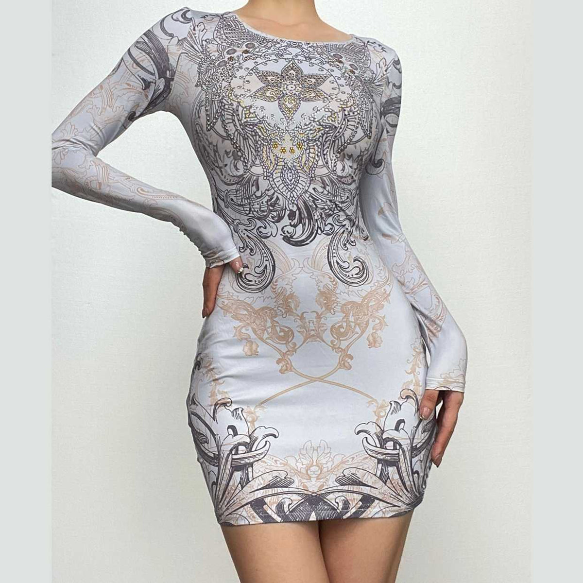 Beaded long sleeve u neck abstract contrast mini dress - View 8
