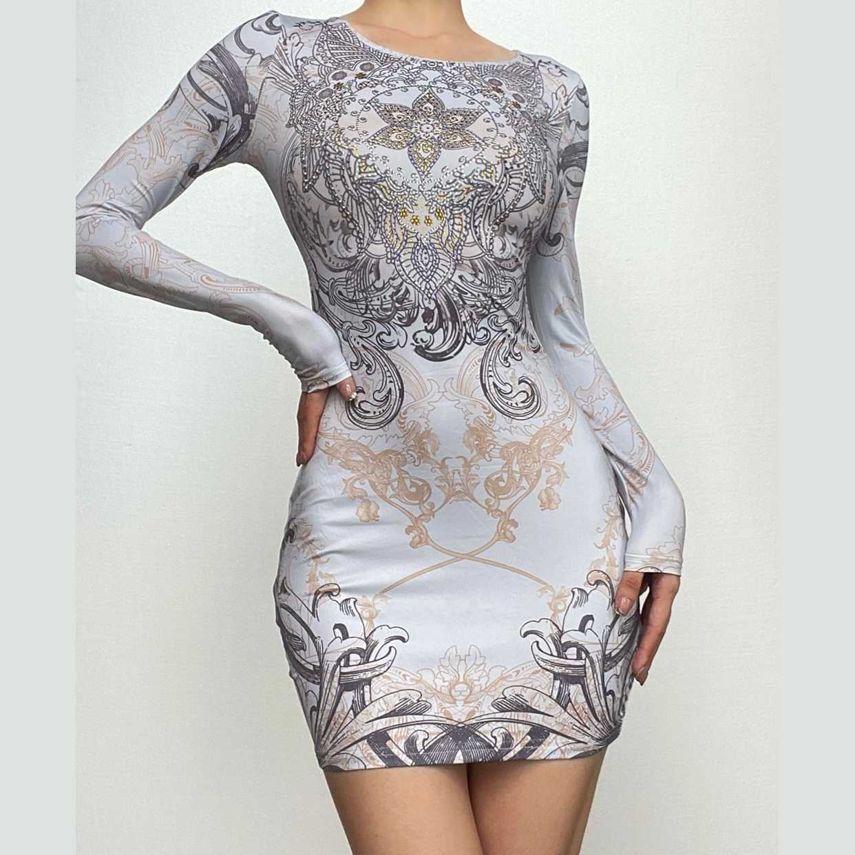 Beaded long sleeve u neck abstract contrast mini dress 8