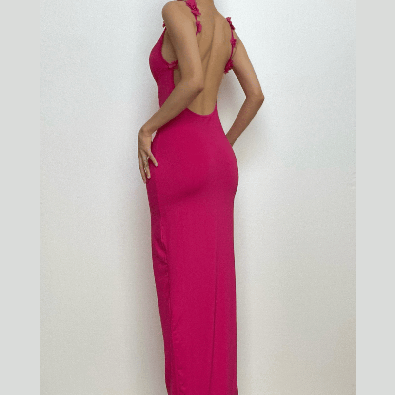 Flower Applique Strap Backless Sleeveless Bodycon Maxi Dress