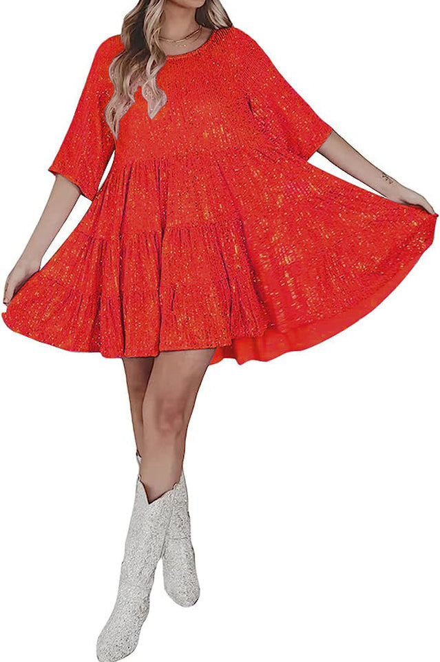 Sequin Tiered Ruffle Short Sleeve Crew Neck Babydoll Mini Party Dress